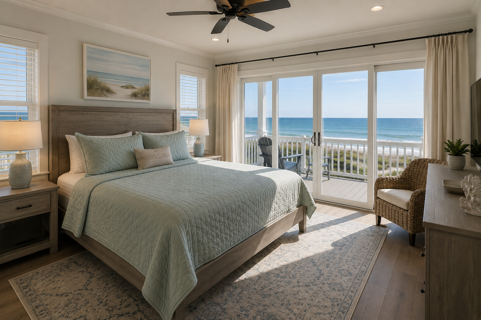 Primary bedroom with private balcony and ocean view