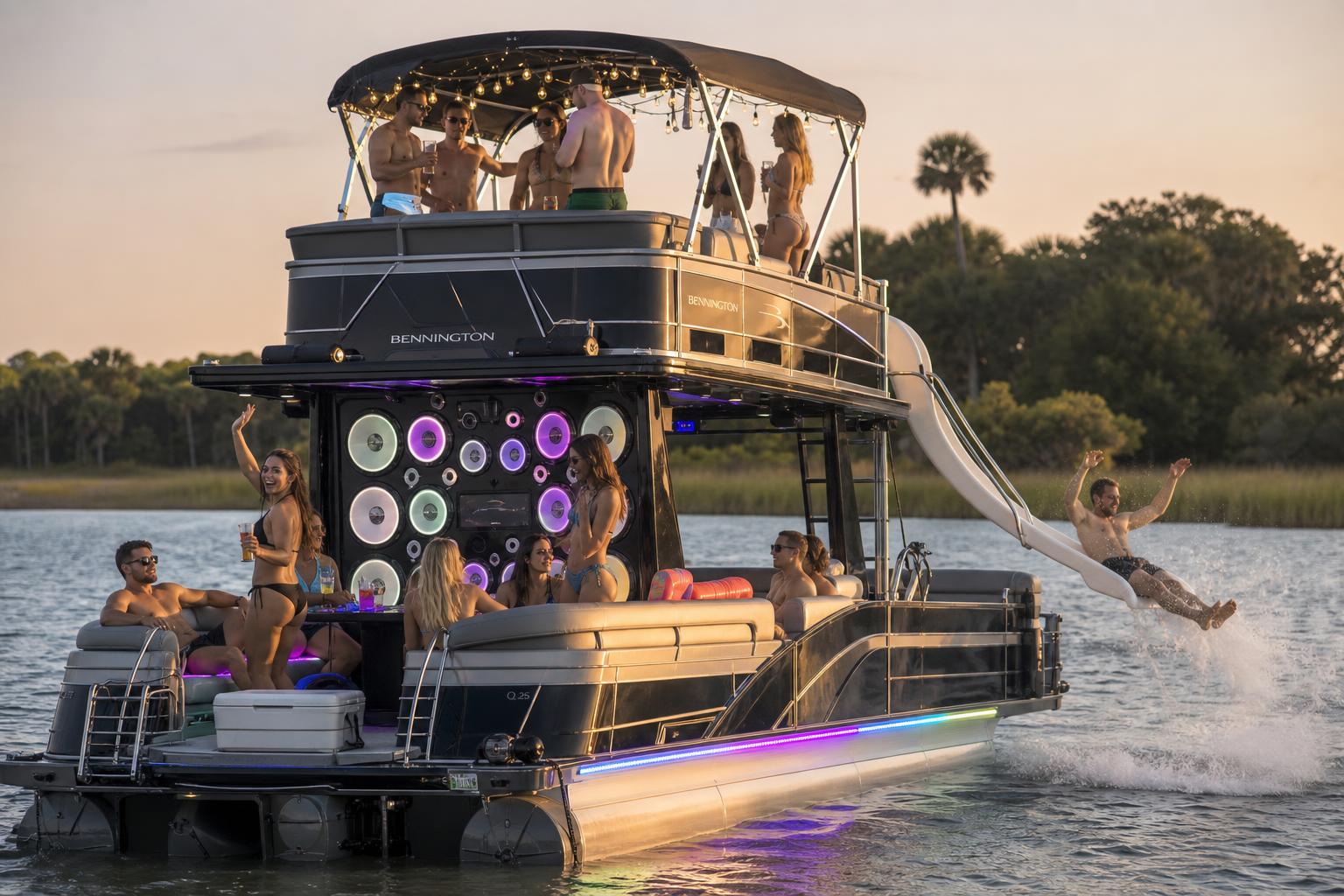 Double-decker party pontoon with waterslide, subwoofers, LED lights, and guests on the Intracoastal near North Myrtle Beach