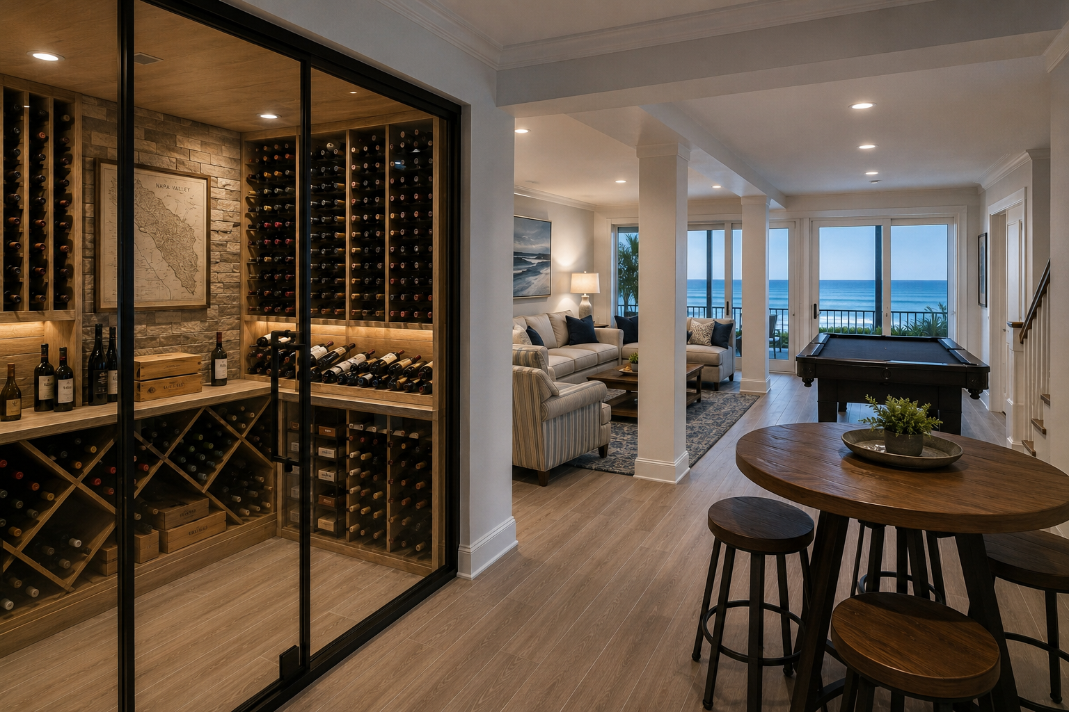 Lower-level lounge with wine cellar, pool table, and ocean-view living area