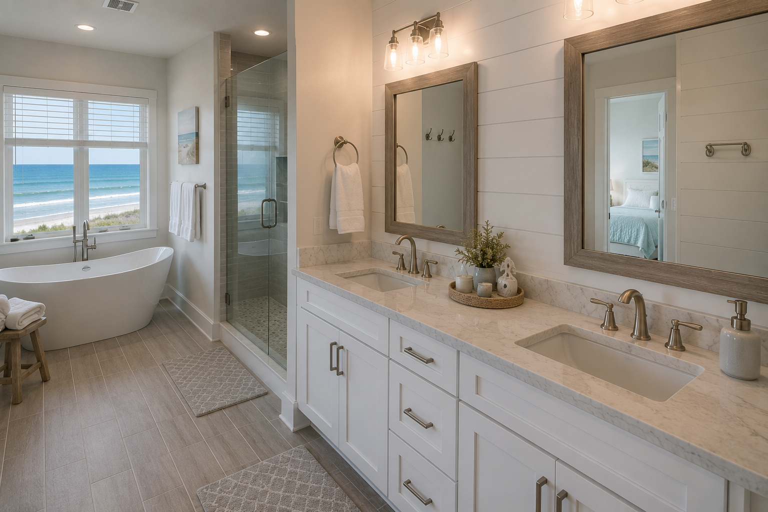Spa-style bathroom with soaking tub and ocean view